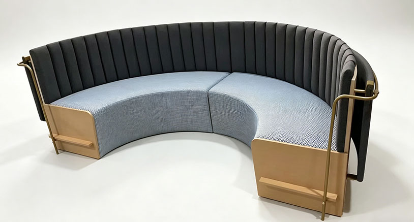 Modern Curved Fabric Restaurant Banquette Booth with Gold Metal Accents & Wood Base