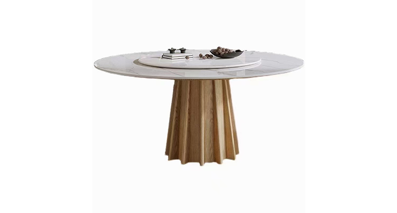 Modern Minimalist White Sintered Stone Round Dining Table with Fluted Oak Base & Rotating Lazy Susan