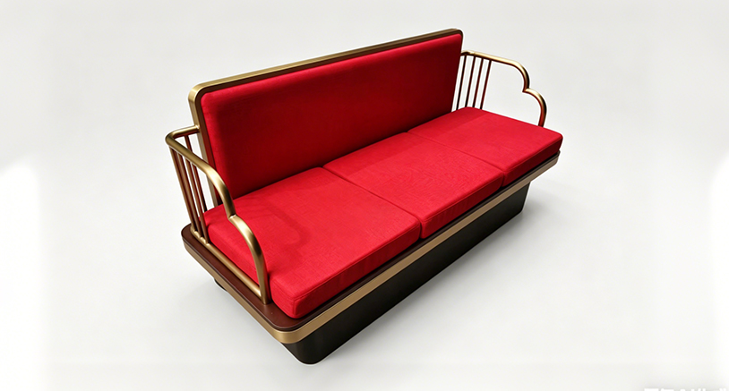 Modern Red Fabric Upholstered Restaurant Banquette Booth with Brushed Gold Metal Frame
