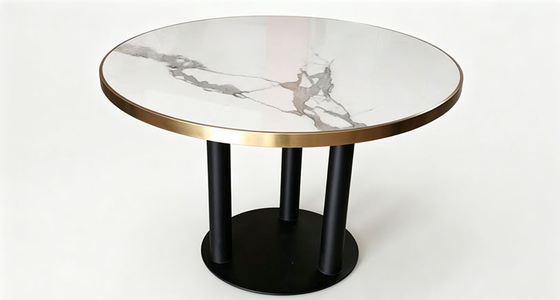 Round Sintered Stone Dining Table with Gold Trim & Black Metal Base