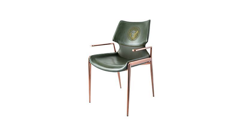 Modern Green Leather Dining Chair with Rose Gold Metal Frame & Lion Embroidery